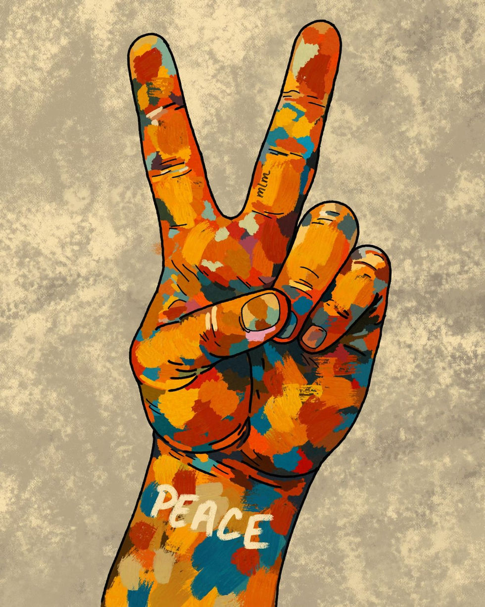 Colorful hand-painted artwork of a hand making the peace sign, covered in bold orange, blue, and red brushstrokes with the word “PEACE” on the wrist.
