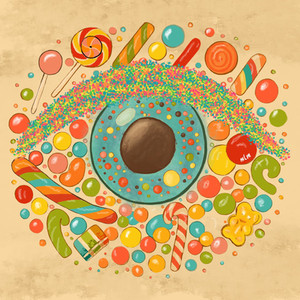 A surreal eye made of turquoise and chocolate tones surrounded by vibrant candy—lollipops, sprinkles, gumballs, and candy canes—bursting in all directions, representing the whimsical theme of the Eye Candy Series.