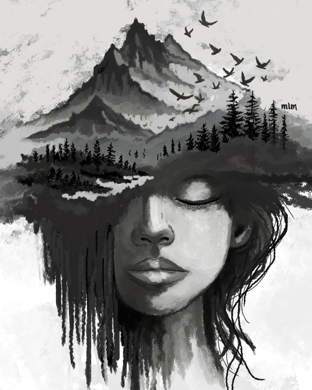 Black and white surreal portrait of a woman with mountains, trees, and flying birds emerging from her head, symbolizing inner landscapes.