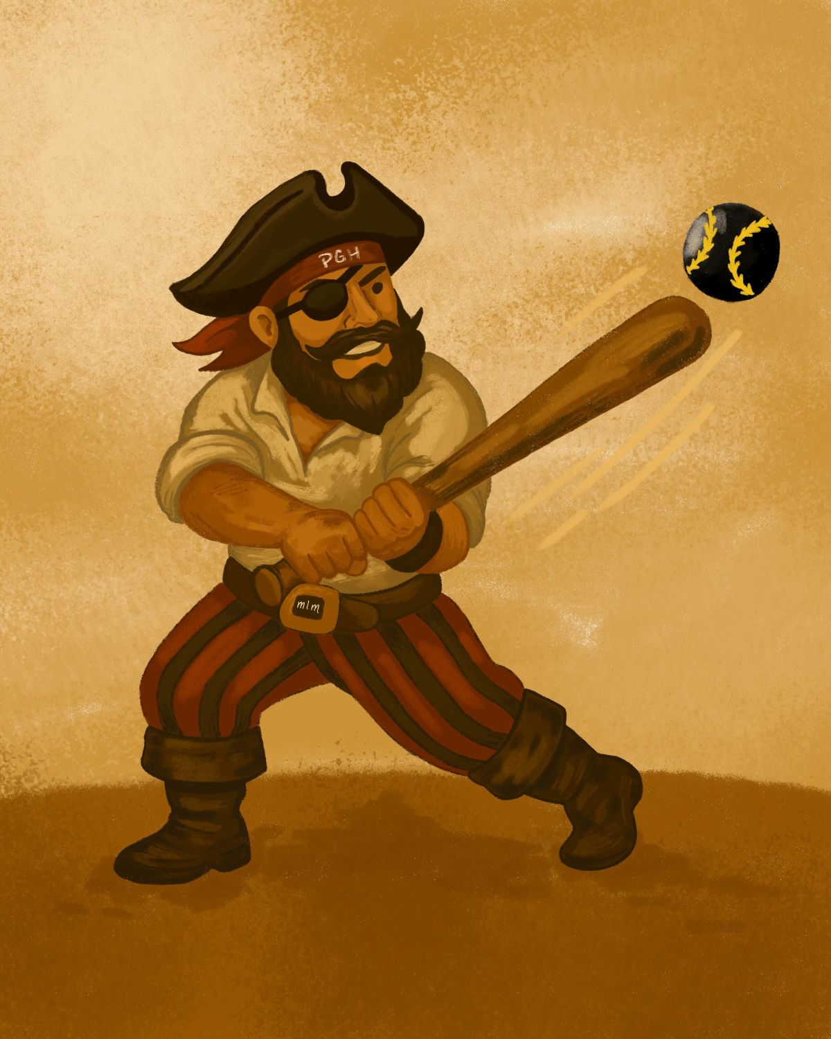Whimsical Pittsburgh pirate swinging a bat at a black and gold baseball – tribute to Pittsburgh Pirates baseball art print.