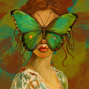 Surreal portrait of a woman's face partially obscured by delicate butterfly wings, blending themes of vision, concealment, and transformation; cover artwork for The Nature of Sight collection by Gaze and Graphite, featuring symbolic nature-inspired surrealism.