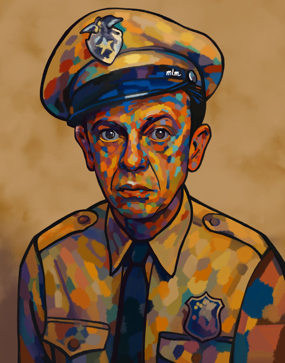 Barney Fife art, classic TV artwork, colorful character portrait, nostalgic pop culture art, mosaic portrait print, funny actor artwork, Monica Matthews art, expressive color portrait.