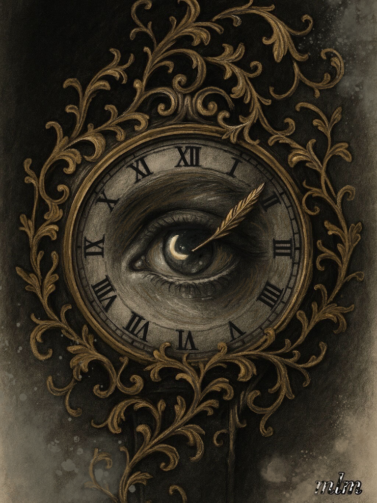 Surreal, digital graphite and gold-toned illustration of a clock with a realistic human eye at its center. A golden feather serves as the hour hand, and ornate floral flourishes extend from the circular frame. The artwork explores time, memory, and observation. Part of the Lover’s Eye Collection by Gaze and Graphite.