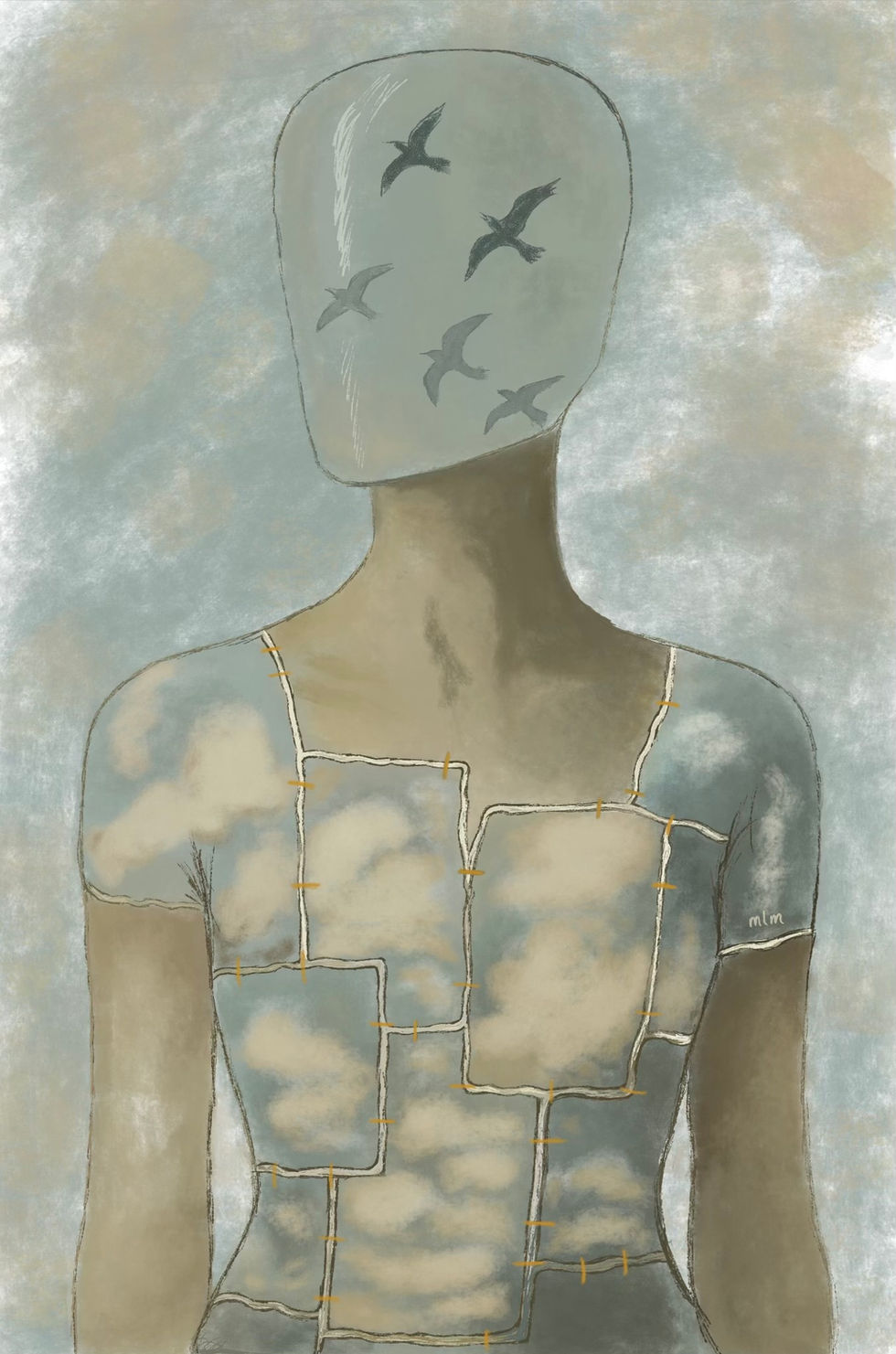 Surreal artwork of a faceless figure with birds flying across a sky-filled head and a body stitched from cloud patches, symbolizing healing, identity, and transformation. Part of The Veil Series by Gaze and Graphite.