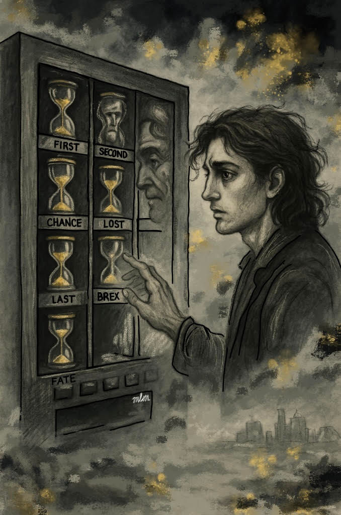 Surreal graphite and muted-tone artwork showing a man reaching toward a vending machine filled with labeled hourglasses marked “First,” “Second,” “Chance,” “Lost,” “Last,” and “Brex.” A ghostly older version of the man is reflected behind the glass. Fog surrounds the scene with a faint city skyline in the distance. A symbolic piece exploring time, regret, and irreversible choices. From the Borrowed Moments Collection by Gaze and Graphite.
