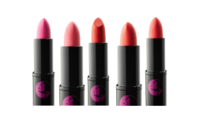 A row of pink and red eco-friendly and vegan lipsticks, made by Lippy Girl Makeup, an organic cosmetics line in Whistler, British Columbia.