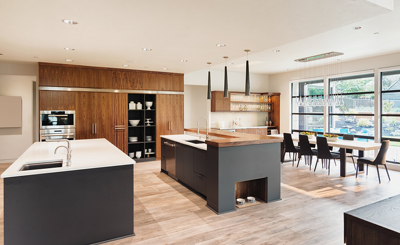 A spacious kitchen and dining table