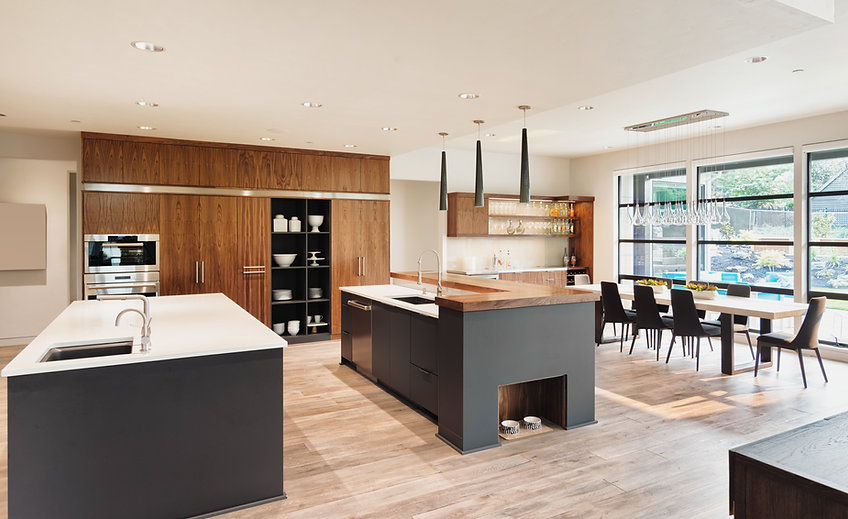 A spacious kitchen and dining table