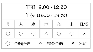 午前 9:00 - 12:30午後 15:00 - 19:30 ◯=予約優先 △=完全予約 ×=休診