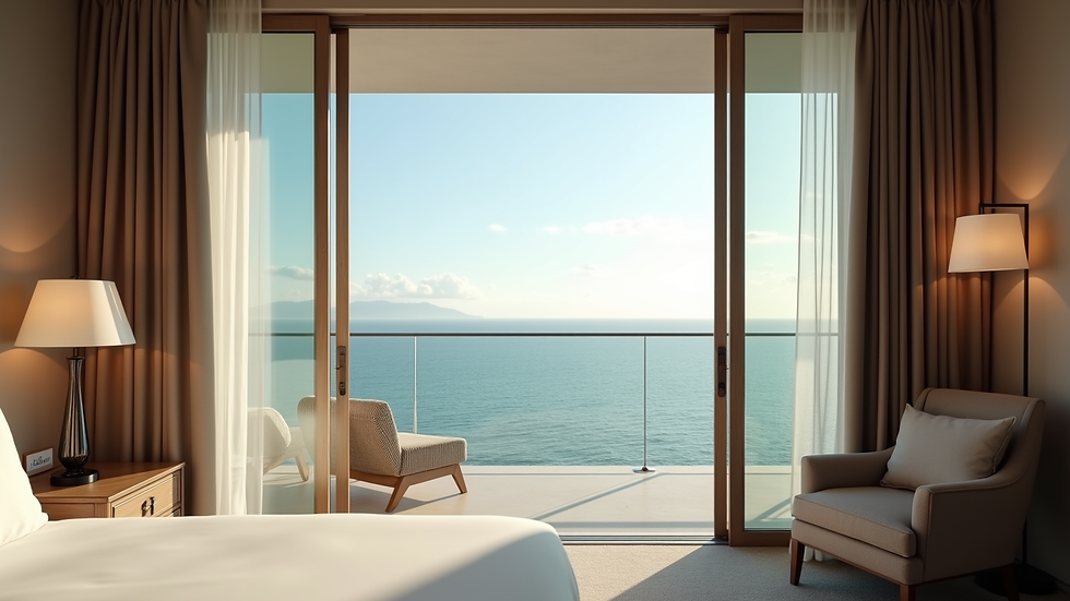 Close-up view of a luxury hotel room with ocean view balcony