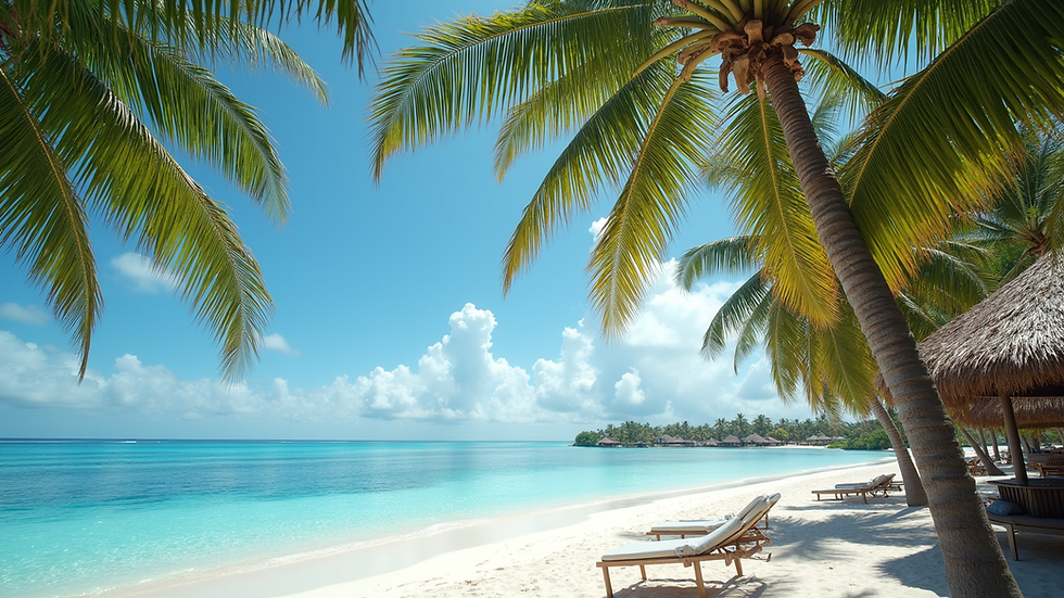 Wide angle view of a tropical beach resort with palm trees and clear blue water
