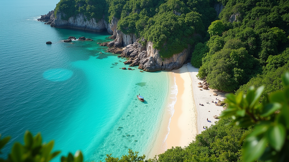 High angle view of a secluded beach with crystal clear water and lush greenery