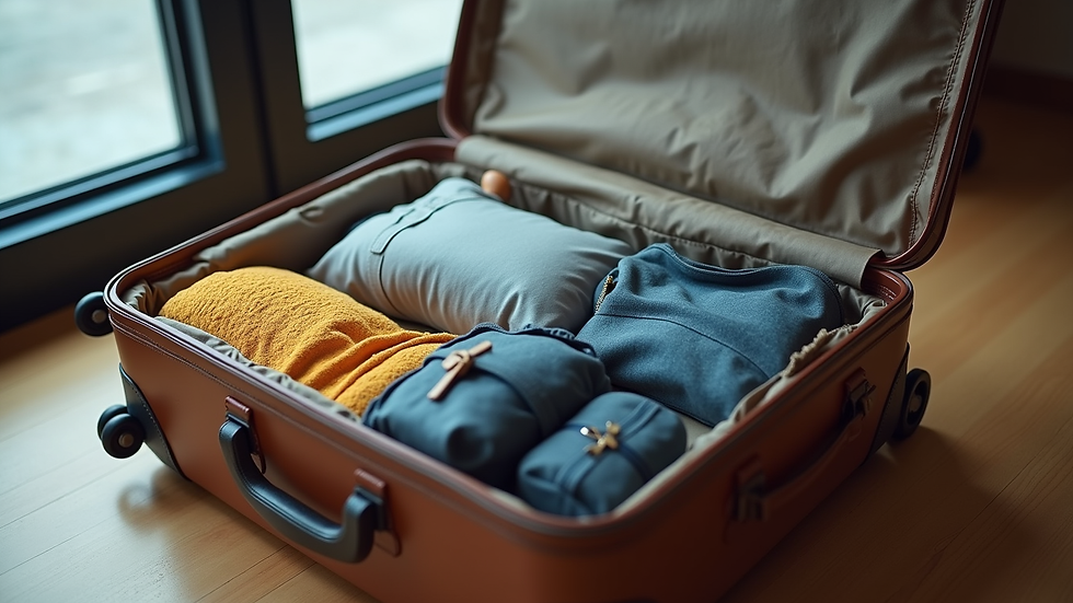 Close-up of a neatly packed carry-on suitcase with travel essentials