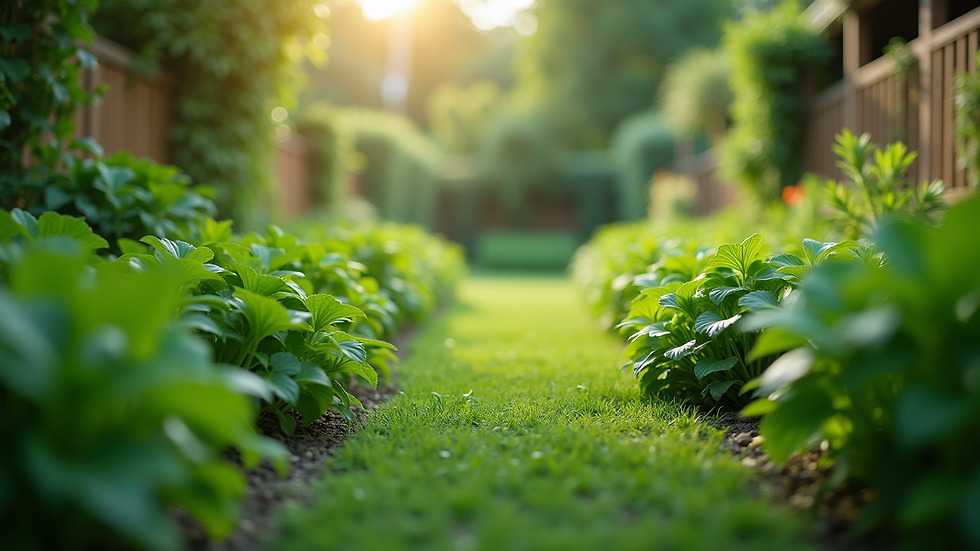Eye-level view of a lush green garden with various plants