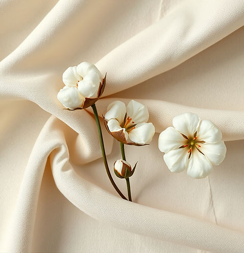how 100% cotton fabric in beige with few cotton flowers is made and sustainable.jpg
