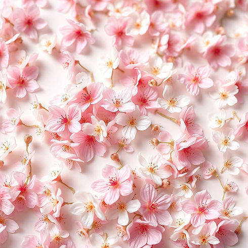 A close-up shot shows a white surface covered in  cherry blossoms. The blossoms are render