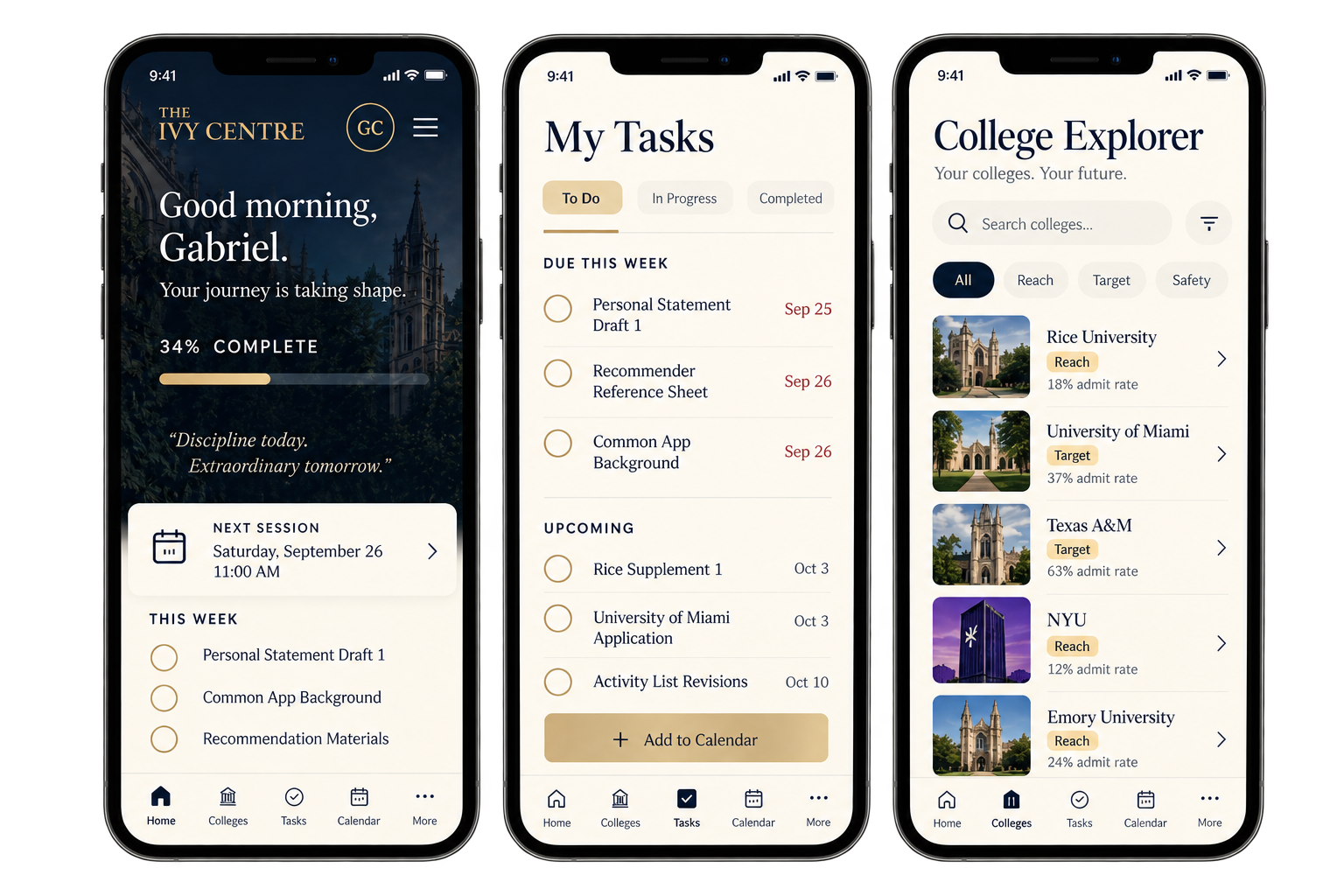 Three Ivy Centre app screens: a student dashboard with progress and next session, a task list with deadlines, and College Explorer with college research.