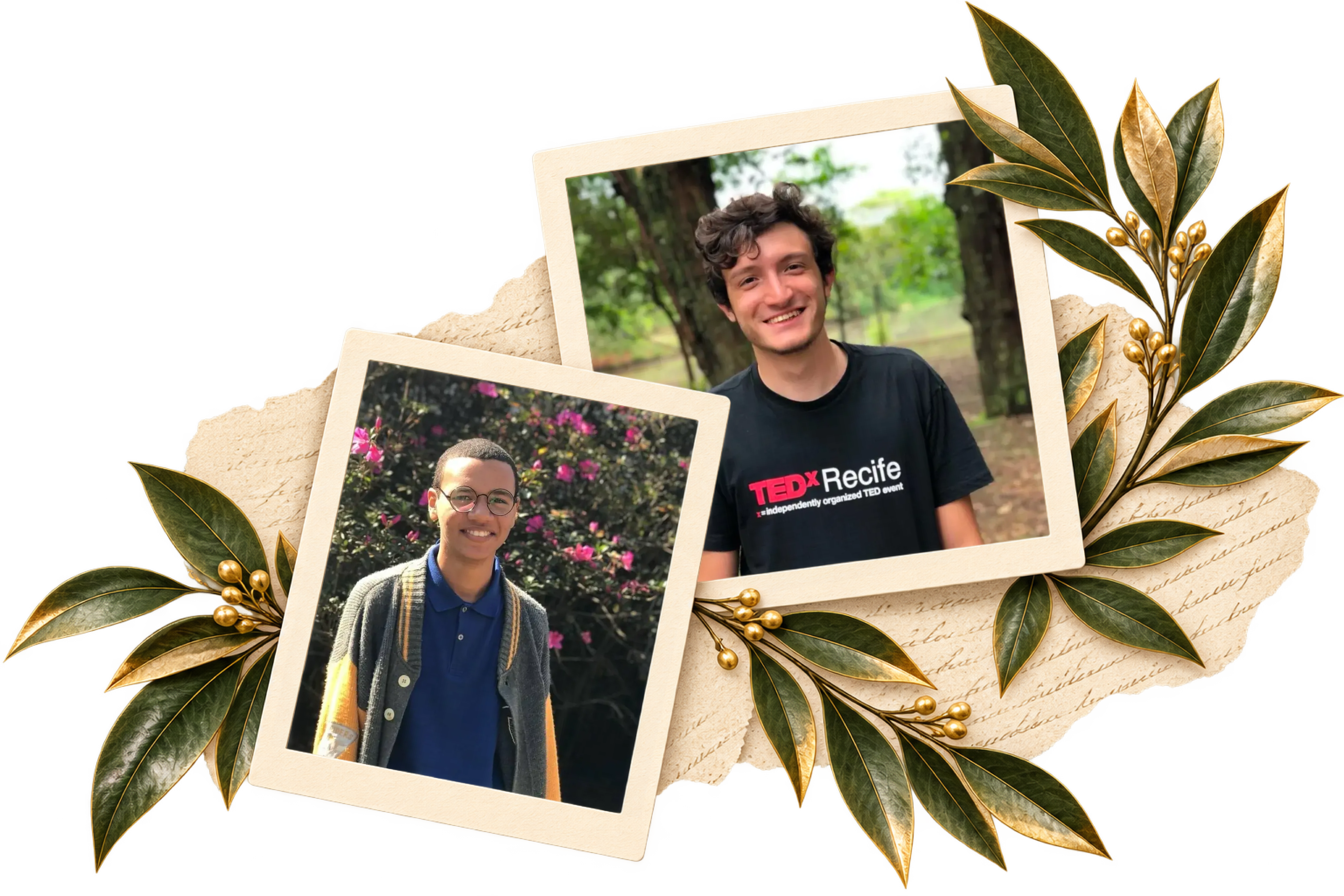 Two ProDuca students pictured in a collage framed by leaves and handwritten pages.