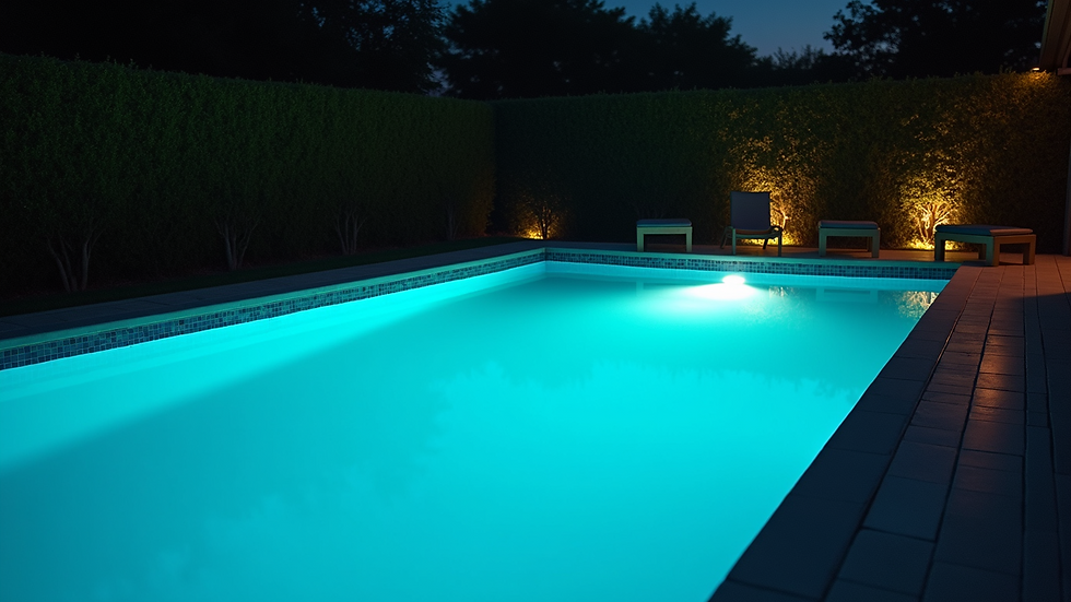 High angle view of a swimming pool with LED lighting illuminating the water at night