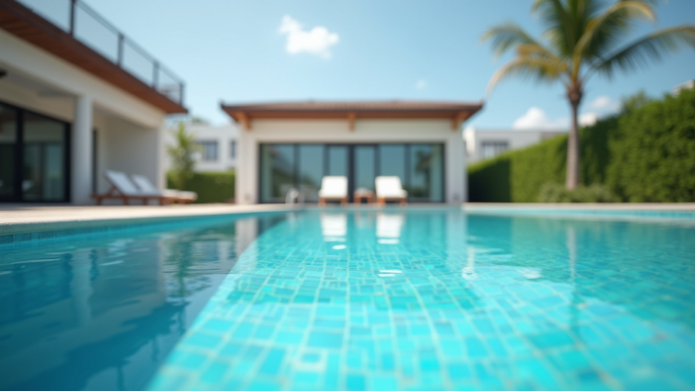 Eye-level view of a modern swimming pool with clear blue water