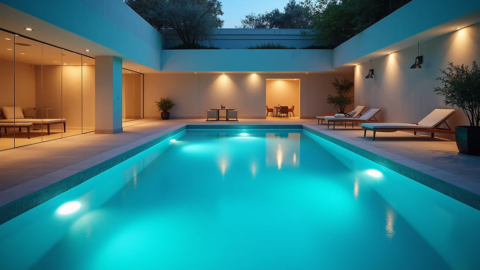 High angle view of a modern swimming pool with Pentair lighting and filtration system