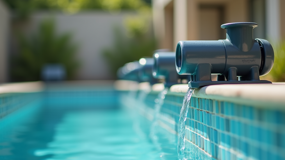 Close-up view of a modern pool pump installed beside a swimming pool