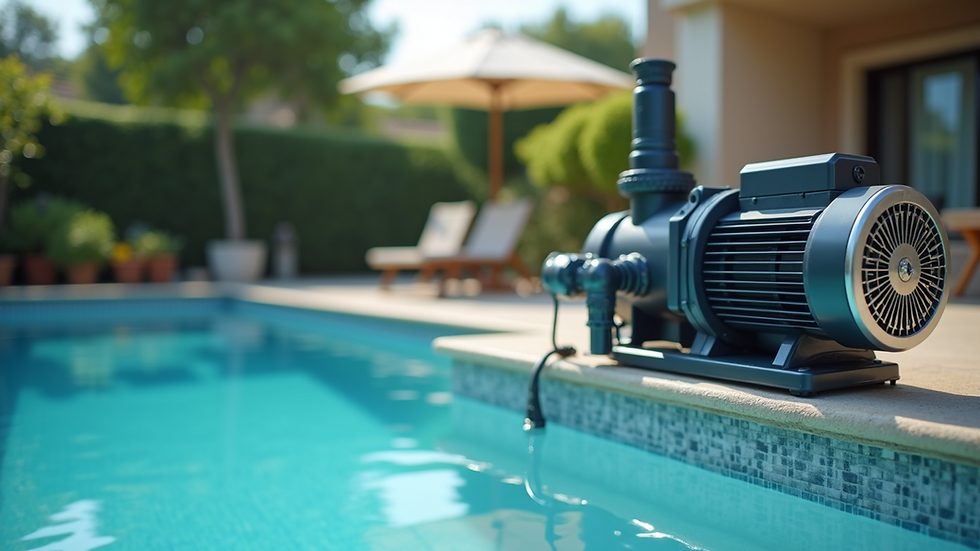 Close-up view of a high-tech pool pump and filter system installed outdoors