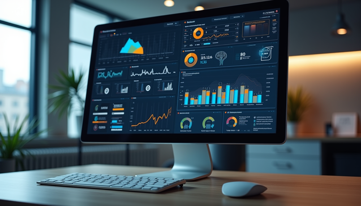 Eye-level view of a modern workspace with AI-powered automation dashboard on screen