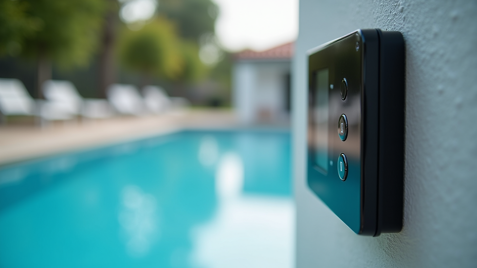 Eye-level view of a pool automation control panel mounted on a wall