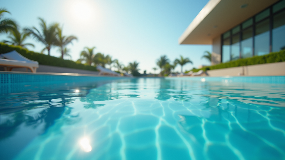 Eye-level view of a modern swimming pool with clear blue water