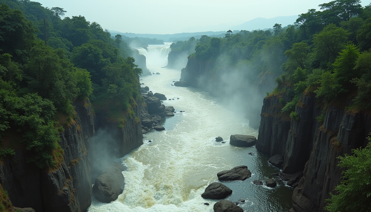 Eye-level view of the narrow gorge where the Nile River forces its way through Murchison Falls, with water crashing down into the river below