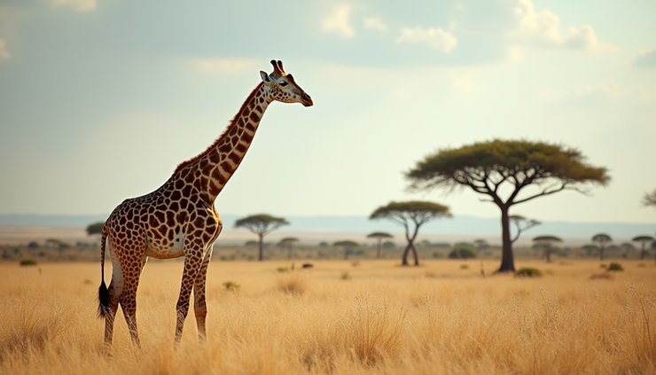 Eye-level view of a giraffe standing tall in Uganda's savannah with acacia trees in the background