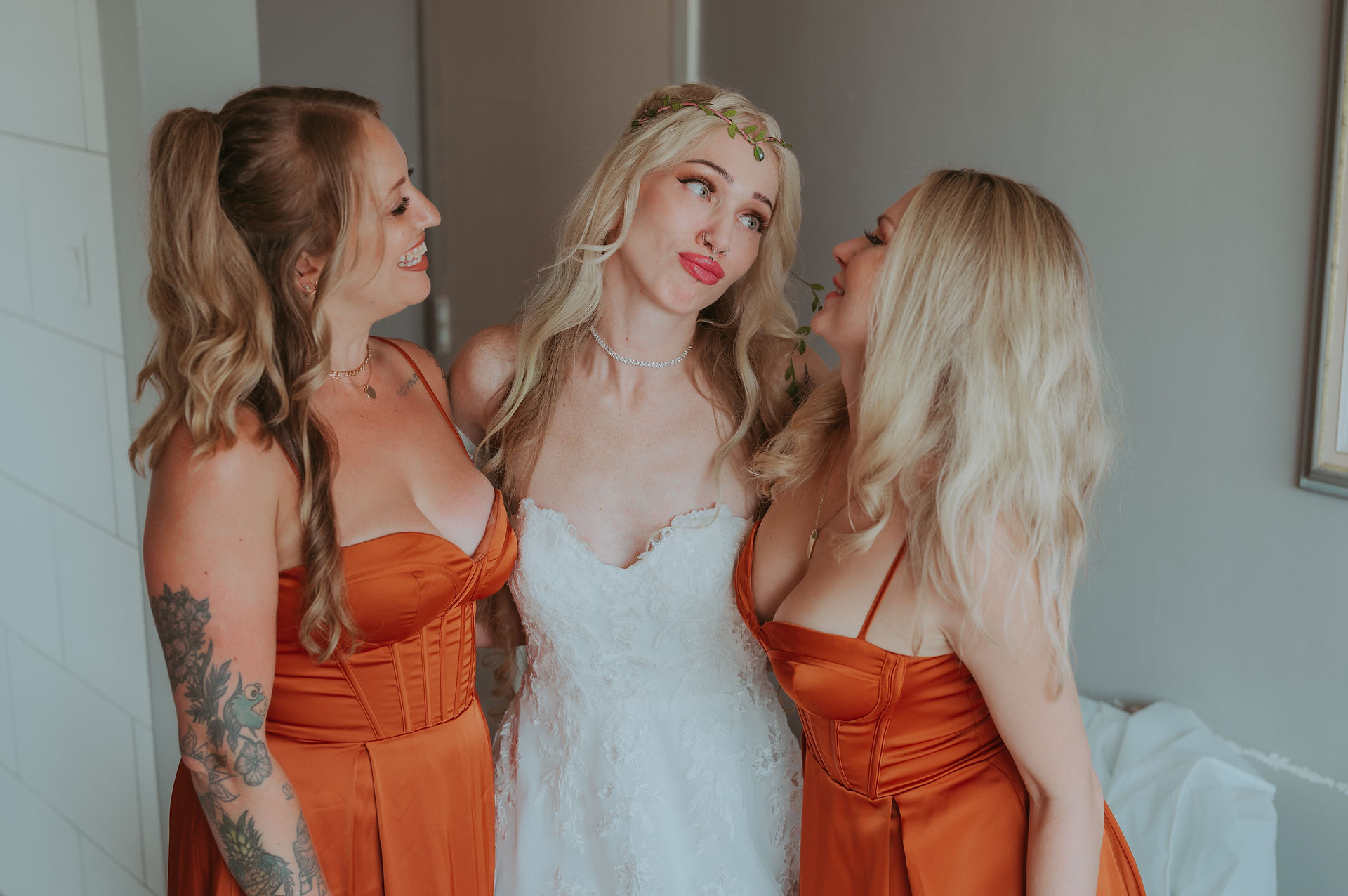 bride with bridesmaids at morning prep