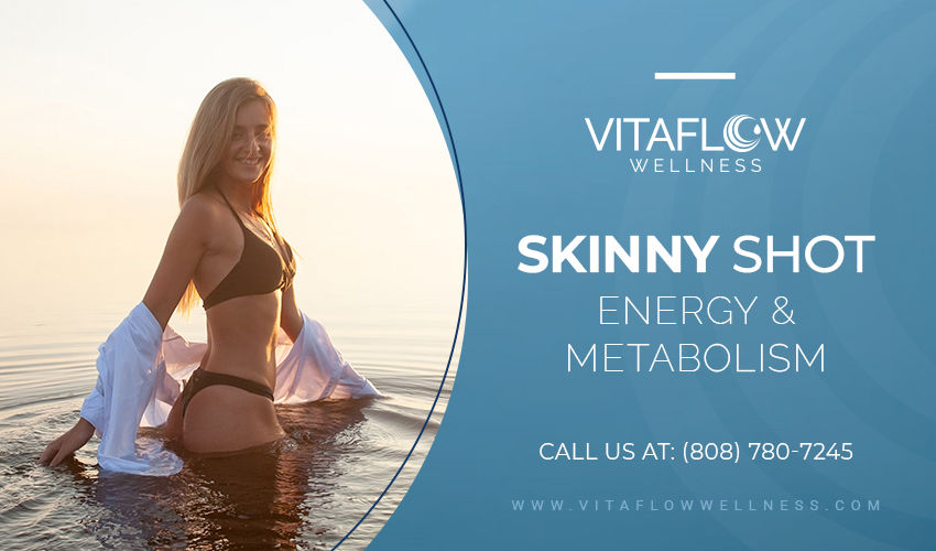 A fit woman in bikini standing in water at sunset promoting Vitaflow Wellness Skinny Shot for energy and metabolism