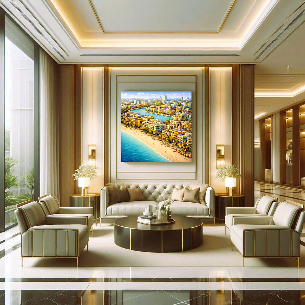 Thumbnail: Sunlit Coastal Town Lagoon Metal Wall Art | Arven Studio