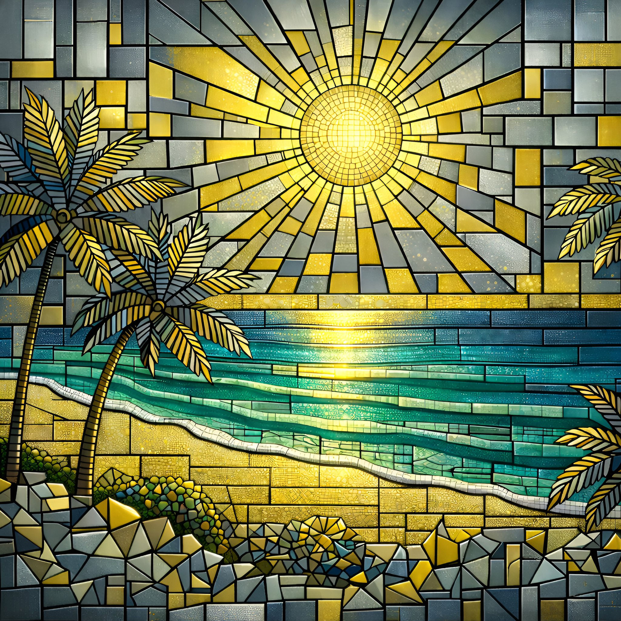 Golden Shore Mosaic aluminium dibond wall art 60x60 cm metal print