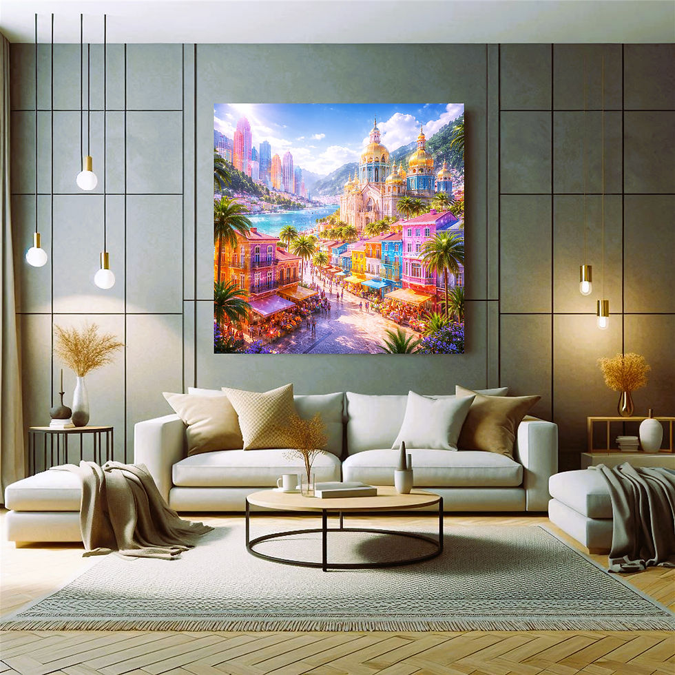 Thumbnail: Sunlit Coastal City metal wall art modern living room interior