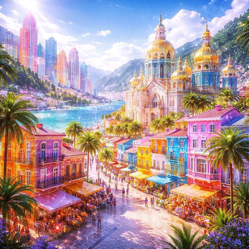 Thumbnail: Sunlit Coastal City aluminium dibond wall art 60x60 cm metal print