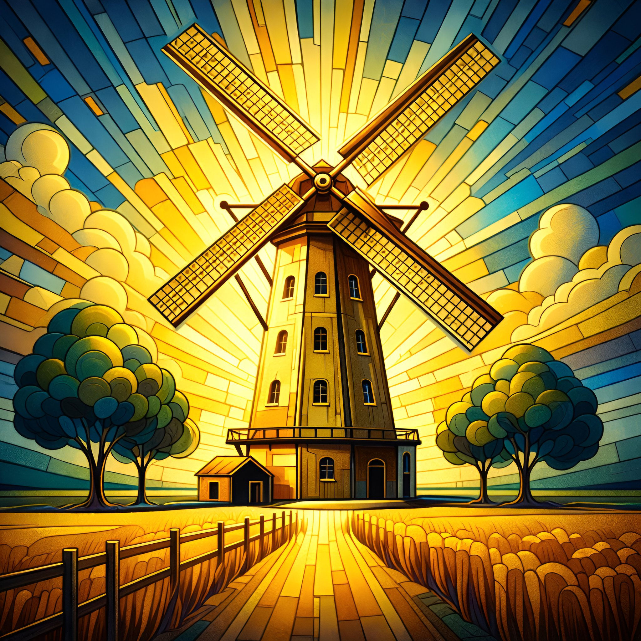 Golden Windmill aluminium dibond wall art 60x60 cm metal print
