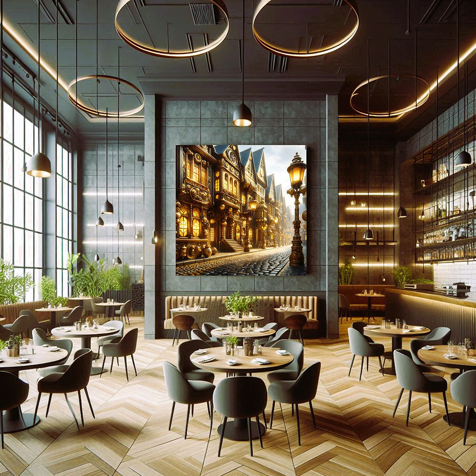 Thumbnail: Gilded Lantern Street statement wall art contemporary restaurant interior