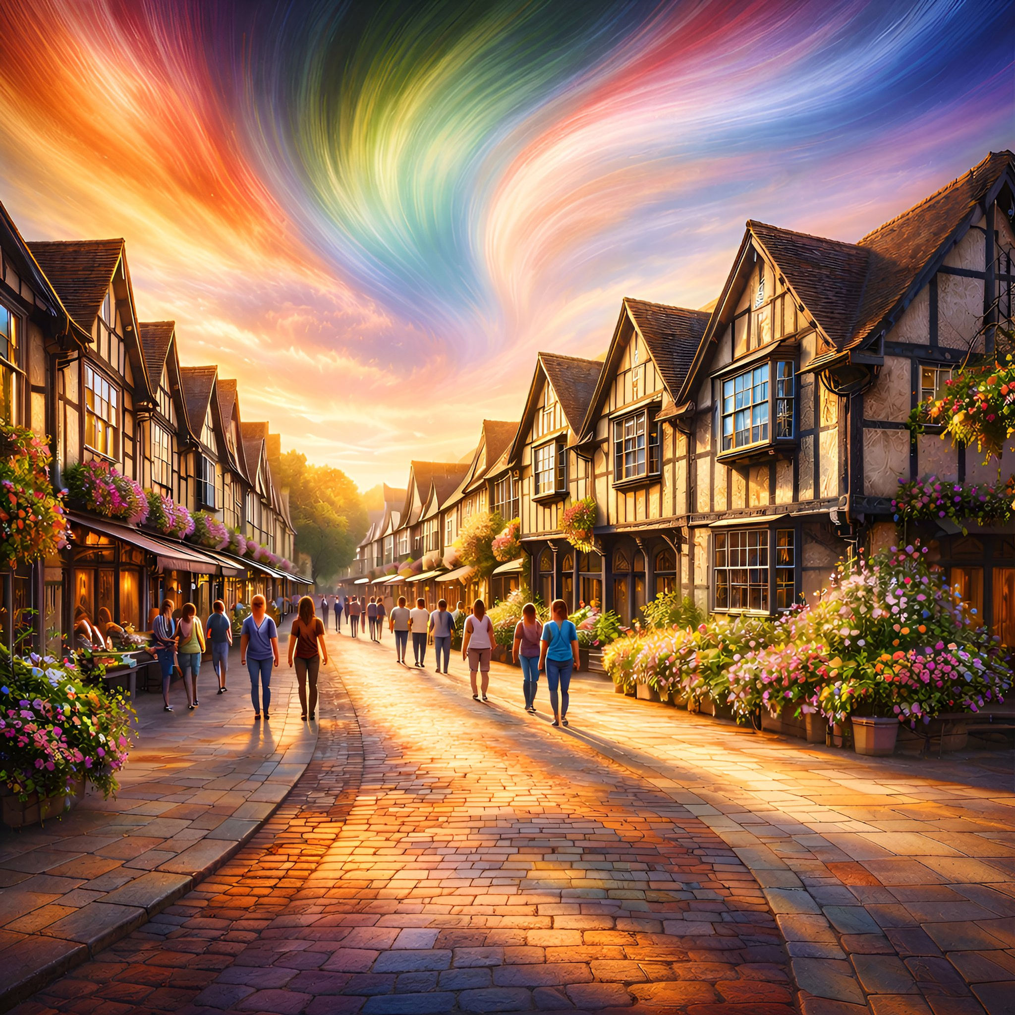 Sunlit Village Street Stroll Metal Wall Art | Arven Studio