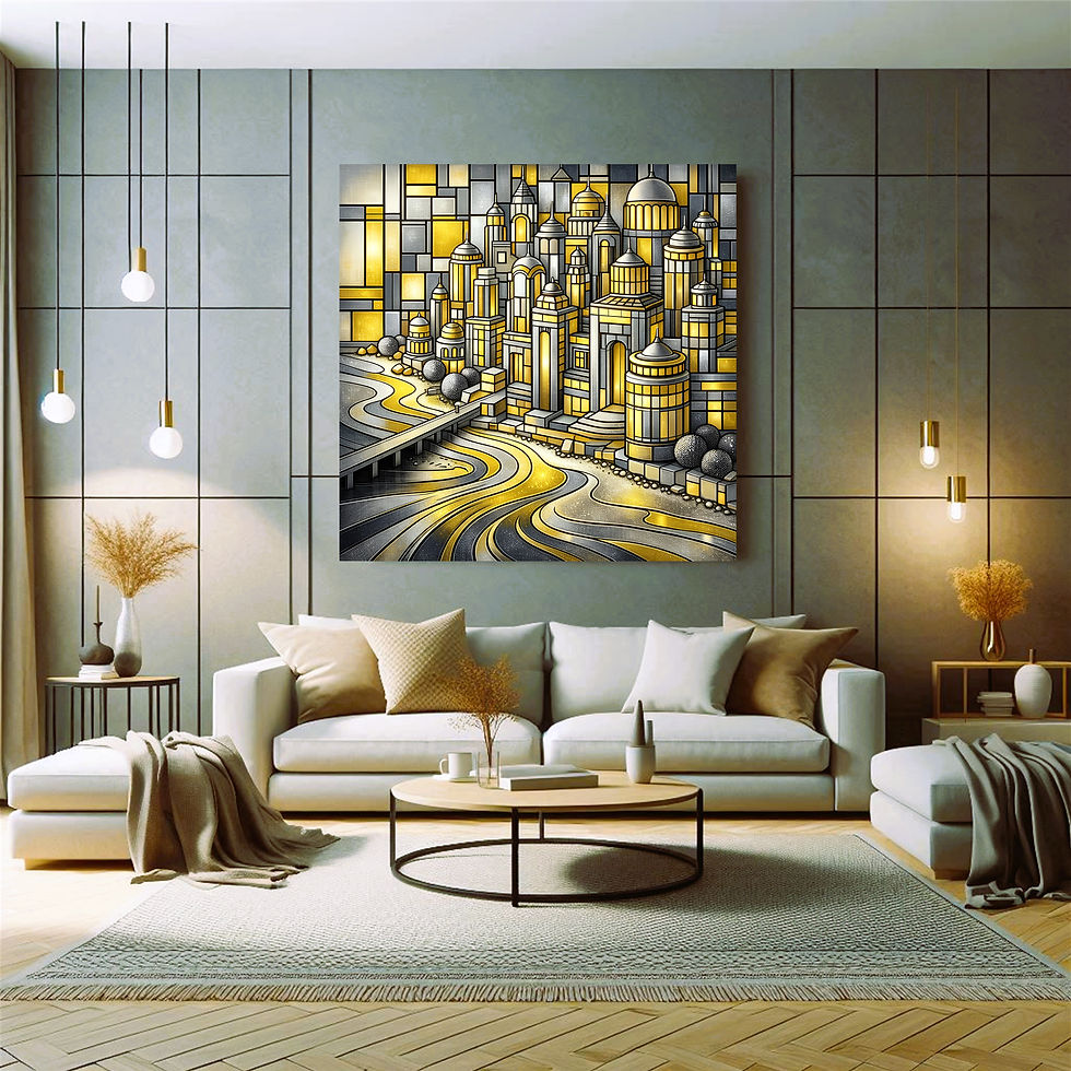 Thumbnail: Golden Metropolis metal wall art modern living room interior
