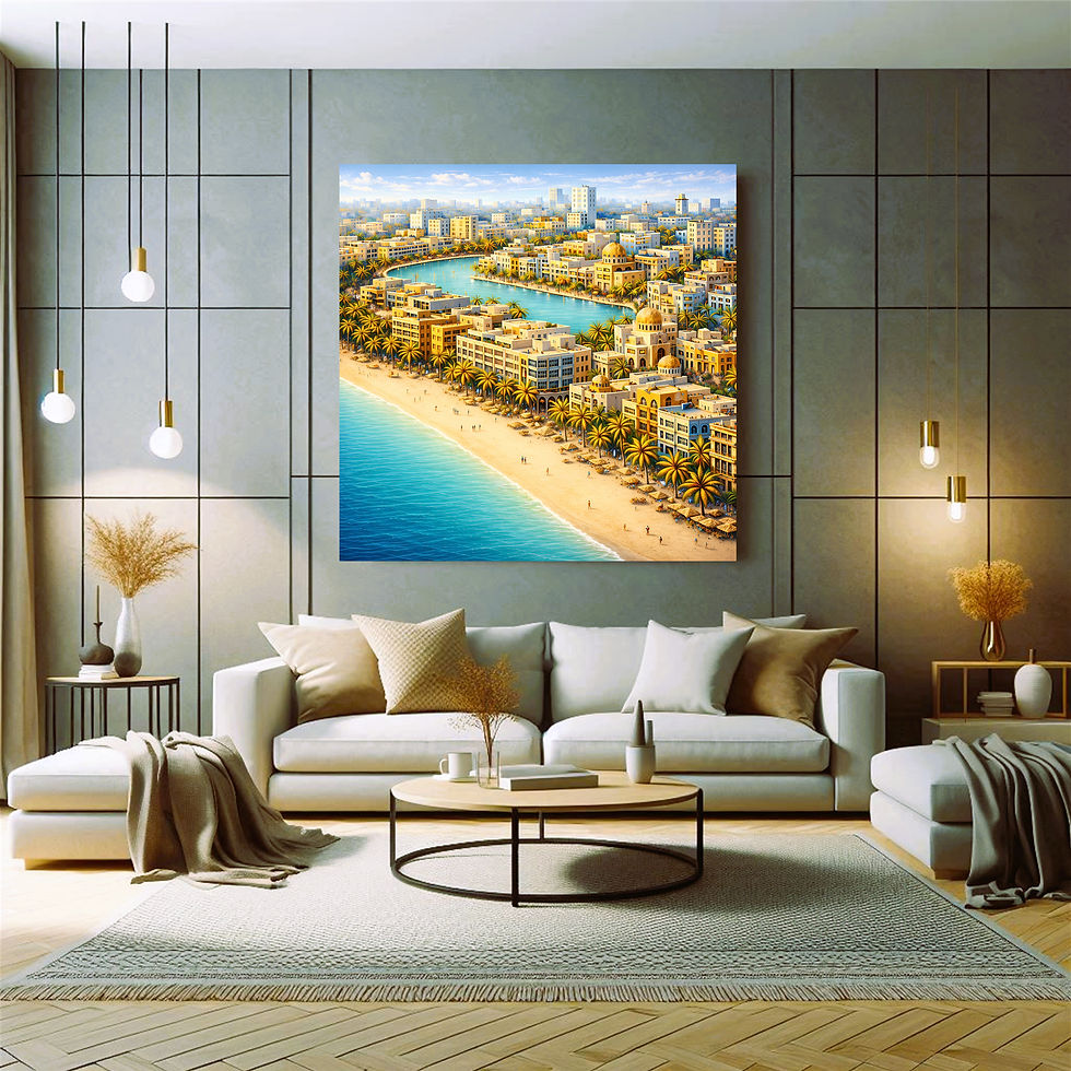 Thumbnail: Sunlit Coastal Town Lagoon Metal Wall Art | Arven Studio