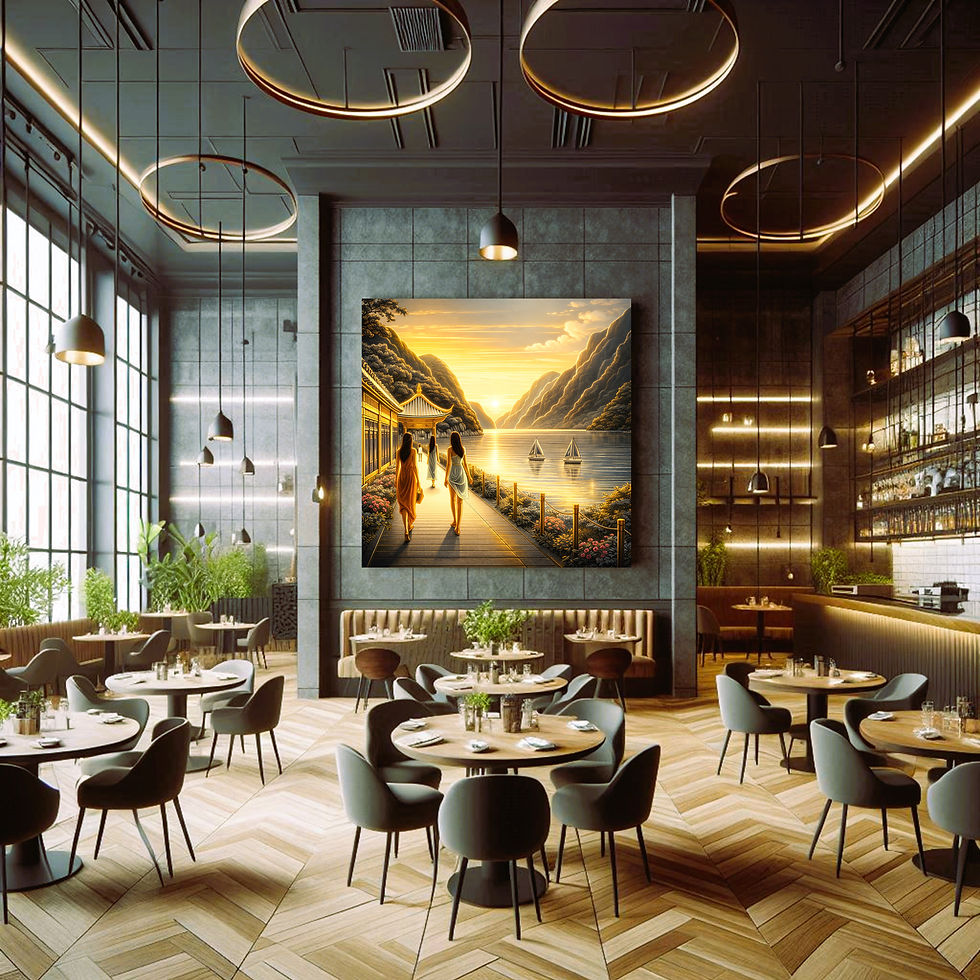 Thumbnail: Golden Lakeside Passage statement wall art contemporary restaurant interior