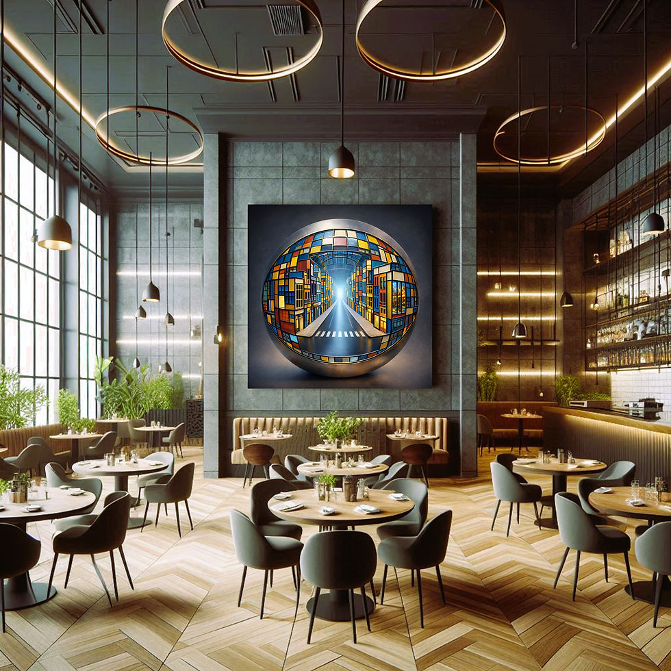 Thumbnail: Chromatic City Sphere statement wall art contemporary restaurant interior