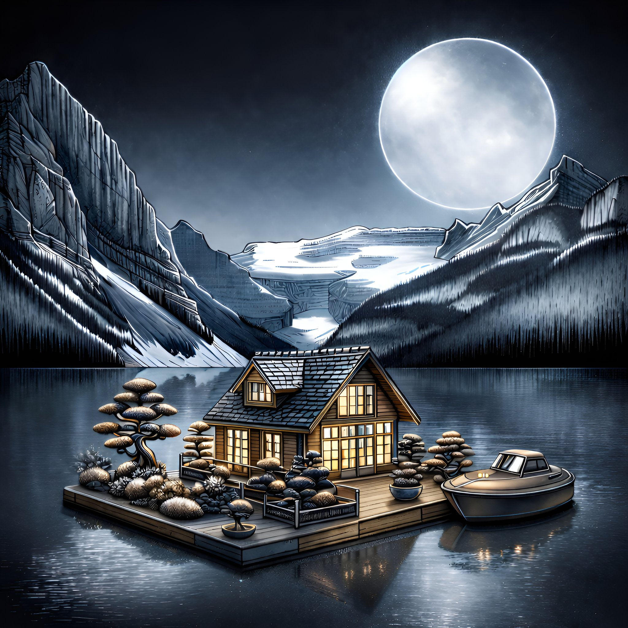 Moonlit Lake Cabin Metal Wall Art | Arven Studio