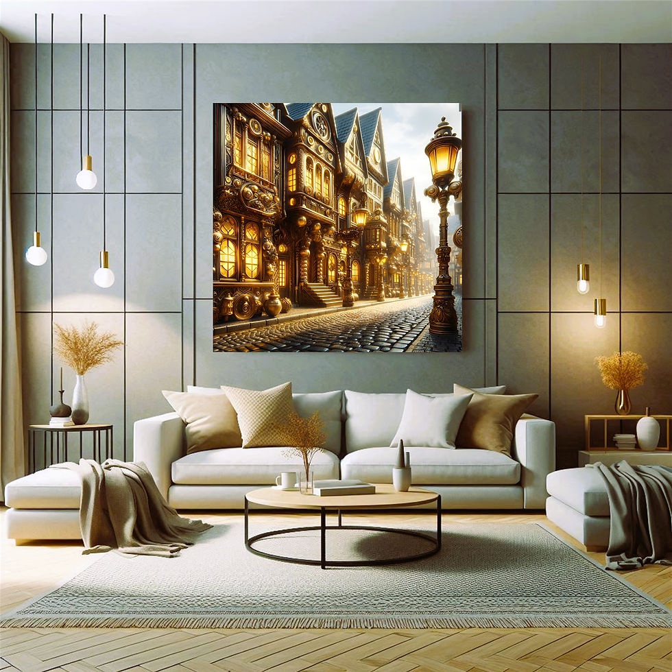 Thumbnail: Gilded Lantern Street metal wall art modern living room interior