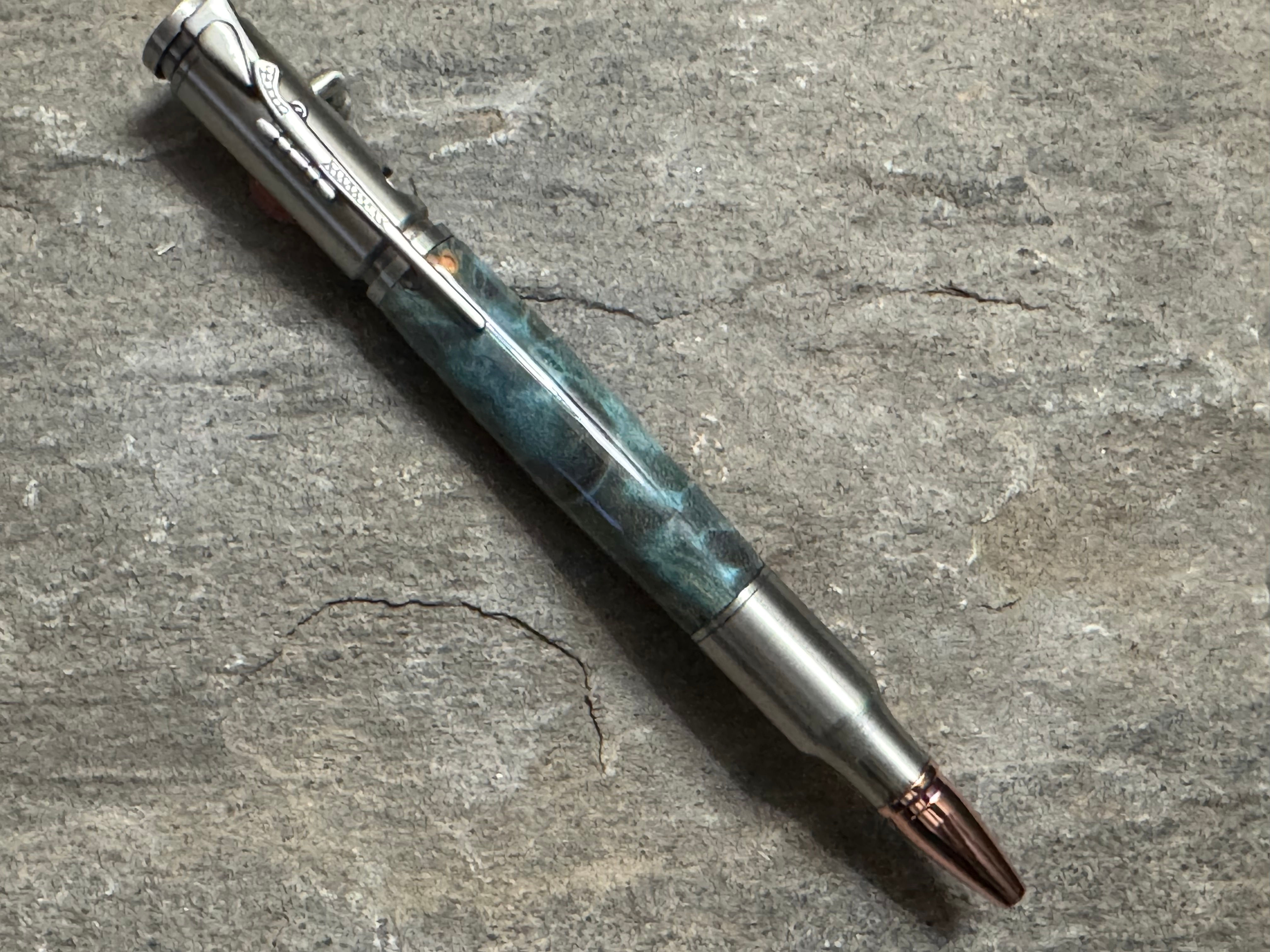 Blue Spalted Maple Burl on Bolt Action Click Ballpoint