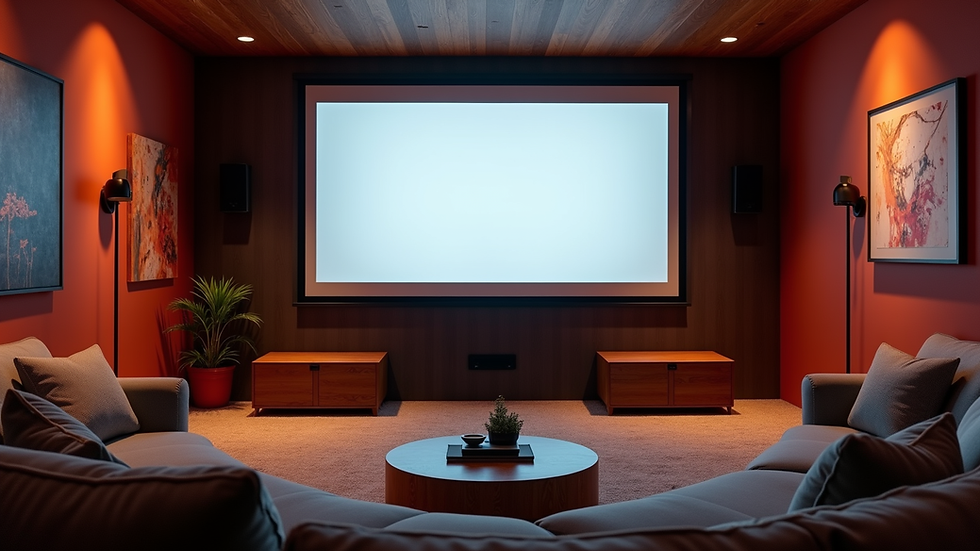 Eye-level view of a cozy home theater setup with a large screen and comfortable seating