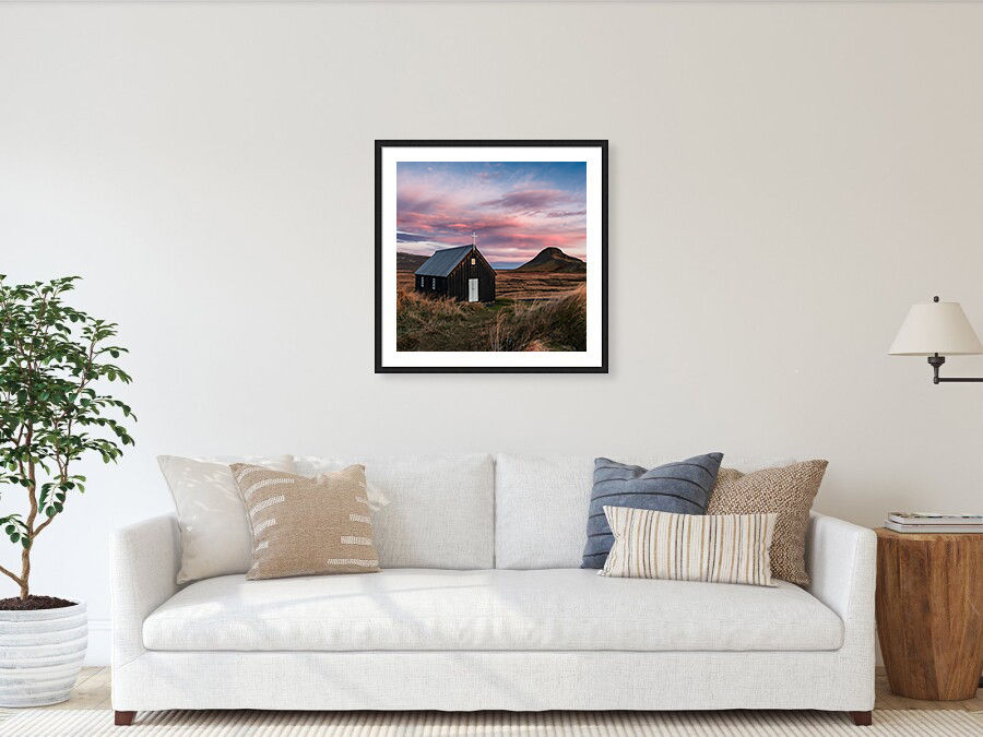 Thumbnail: Krýsuvíkurkirkja Church at Sunset 60x60 cm